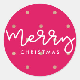 Pegatina Redonda Feliz Navidad Rosa con puntos dorados