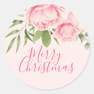 Pegatina Redonda Feliz Navidad, rosa floral, no tradicional