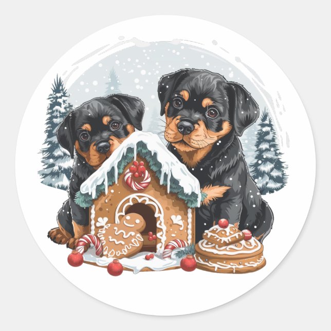 Pegatina Redonda Feliz Navidad Rottweiler Dogs Gingerbread House (Anverso)