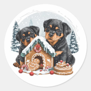 Pegatina Redonda Feliz Navidad Rottweiler Dogs Gingerbread House