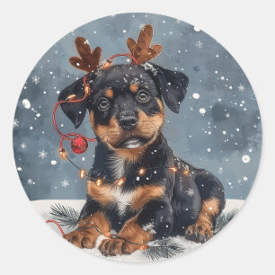 Pegatina Redonda Feliz Navidad Rottweiler Perro Reno