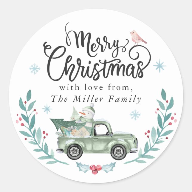 Pegatina Redonda Feliz Navidad Rustic Green Truck Winter Floral (Anverso)