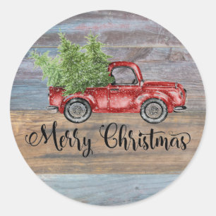 Pegatina Redonda Feliz Navidad Rustic Wood Y Camión Rojo Cuto