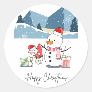 Pegatina Redonda Feliz Navidad Santa Cat y Snowman