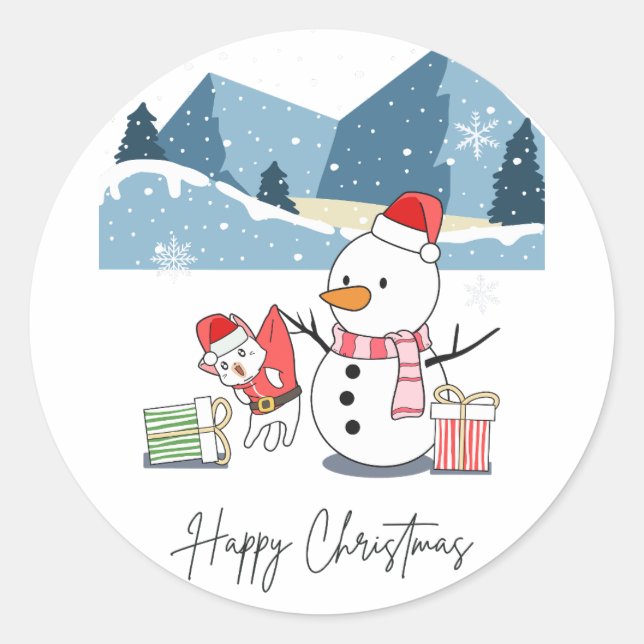 Pegatina Redonda Feliz Navidad Santa Cat y Snowman (Anverso)