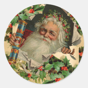 Pegatina Redonda Feliz Navidad Santa Claus Clásico antiguo
