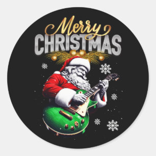 Pegatina Redonda Feliz Navidad Santa Claus Rocker Guitar Player G