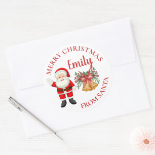 Pegatina Redonda Feliz Navidad Santa Cute Bayas Rojas Campana Nombr