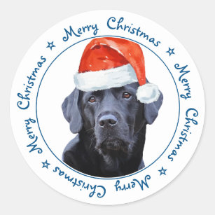 Pegatina Redonda Feliz Navidad Santa Dog Black Labrador