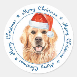 Pegatina Redonda Feliz Navidad Santa Dog Golden Retriever