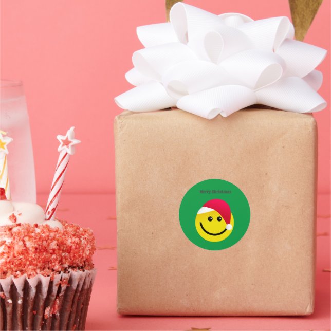 Pegatina Redonda Feliz Navidad Santa Hat Emoji Classic Round Stic (Fiesta)
