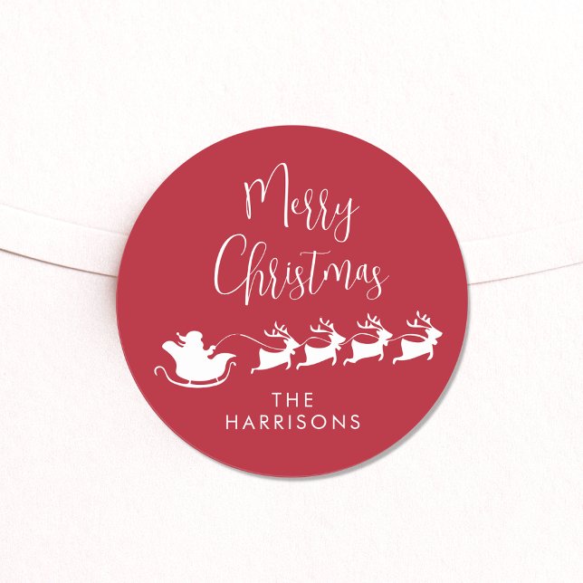 Pegatina Redonda Feliz Navidad Santa Reindeer Sleigh Red (Subido por el creador)