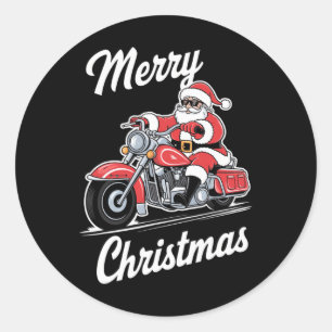 Pegatina Redonda Feliz Navidad Santa Riding Motocicleta Biker Love