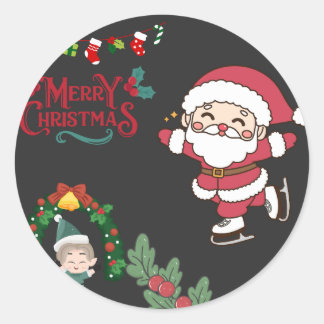 Pegatina Redonda Feliz Navidad Santa Skater Niños Diversión de Navi