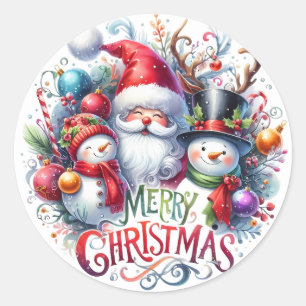Pegatina Redonda Feliz Navidad Santa Y Amigos