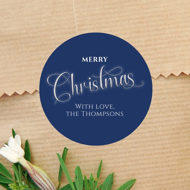 Pegatina Redonda Feliz Navidad Script Personalizado Navy Blue (Merry Christmas navy blue gift sticker. )