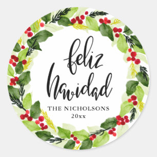 Pegatina Redonda Feliz Navidad Script Red Berry Holiday Wreath