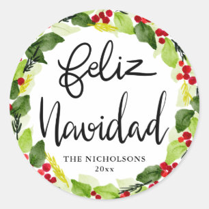 Pegatina Redonda Feliz Navidad Script Red Berry Holly Wreath