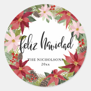Pegatina Redonda Feliz Navidad Script Red Poinsettia Wreath