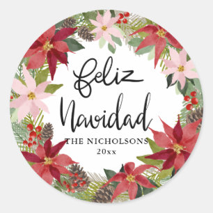Pegatina Redonda Feliz Navidad Script rojo Poinsettia Wreath Classi