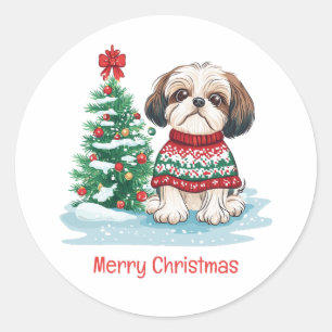 Pegatina Redonda Feliz Navidad Shih Tzu Santa Perro
