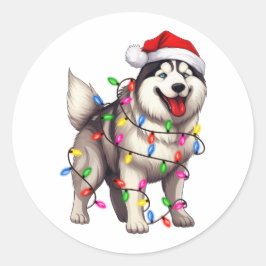 Pegatina Redonda Feliz Navidad Siberian Husky con Santa Hat
