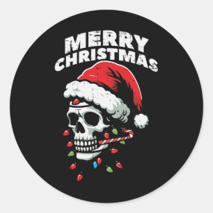 Pegatina Redonda Feliz Navidad Skull Santa Xmas Cabeza de Esqueleto