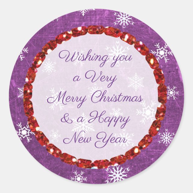 Pegatina Redonda Feliz Navidad Snowflake Morado y Pegatinas rojos (Anverso)
