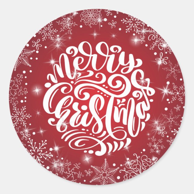 Pegatina Redonda Feliz Navidad Snowflake Red Sparkle (Anverso)