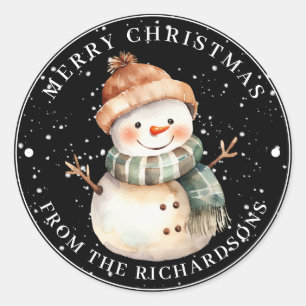 Pegatina Redonda Feliz Navidad Snowman con bufanda en negro