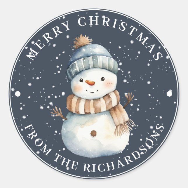 Pegatina Redonda Feliz Navidad Snowman con Gorra en azul (Anverso)