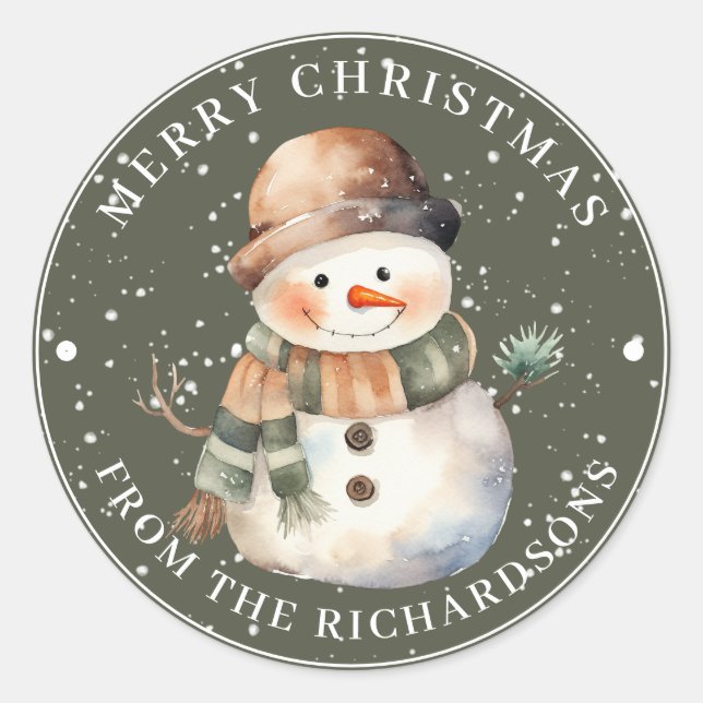 Pegatina Redonda Feliz Navidad Snowman con Gorra en verde (Anverso)