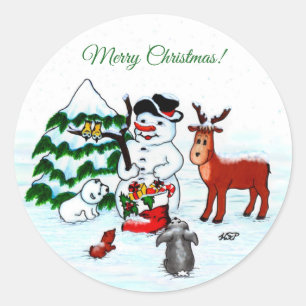 Pegatina Redonda ¡Feliz Navidad! Snowman con sus amigos