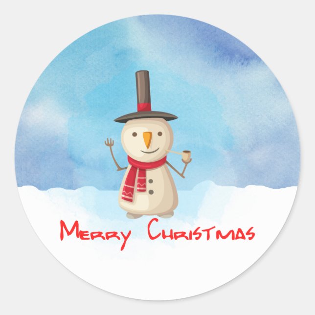 Pegatina Redonda Feliz Navidad Snowman ondeando Y Sonriendo (Anverso)