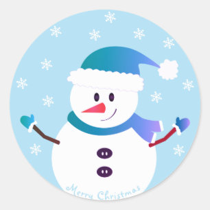 Pegatina Redonda Feliz Navidad Snowman Snowflakes