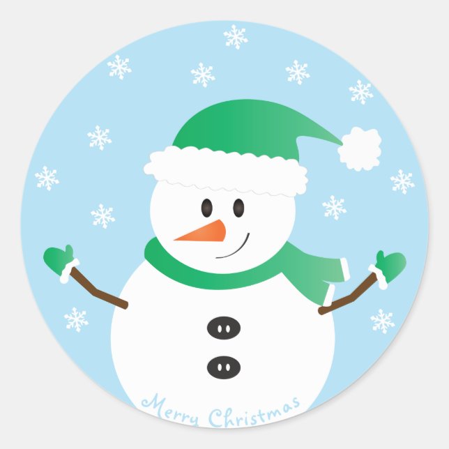 Pegatina Redonda Feliz Navidad Snowman Snowflakes (Anverso)