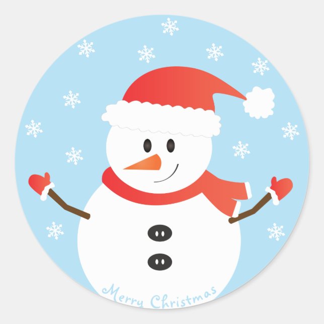 Pegatina Redonda Feliz Navidad Snowman Snowflets Red (Anverso)
