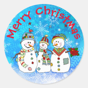 Pegatina Redonda Feliz Navidad Snowmen y Snowflakes