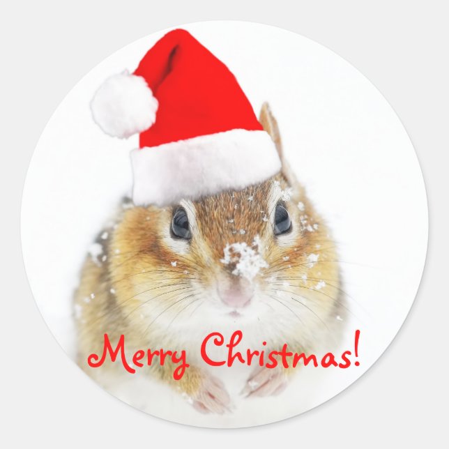 Pegatina Redonda Feliz Navidad Snowy Santa Chipmunk (Anverso)