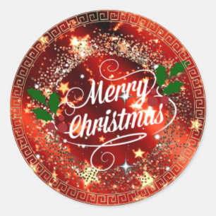 Pegatina Redonda Feliz Navidad, Sparkling Red y Gold,