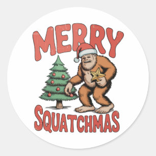 Pegatina Redonda Feliz Navidad Squatchmas Bigfoot Sasquatch Árbol d