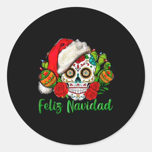 Pegatina Redonda Feliz Navidad Sugar Skull Mexican Christmas  (Anverso)