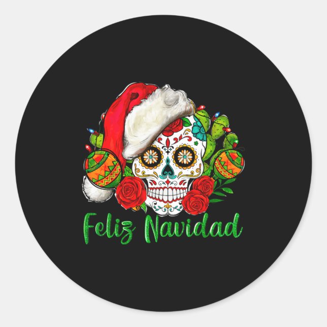 Pegatina Redonda Feliz Navidad Sugar Skull Mexican Christmas  (Anverso)