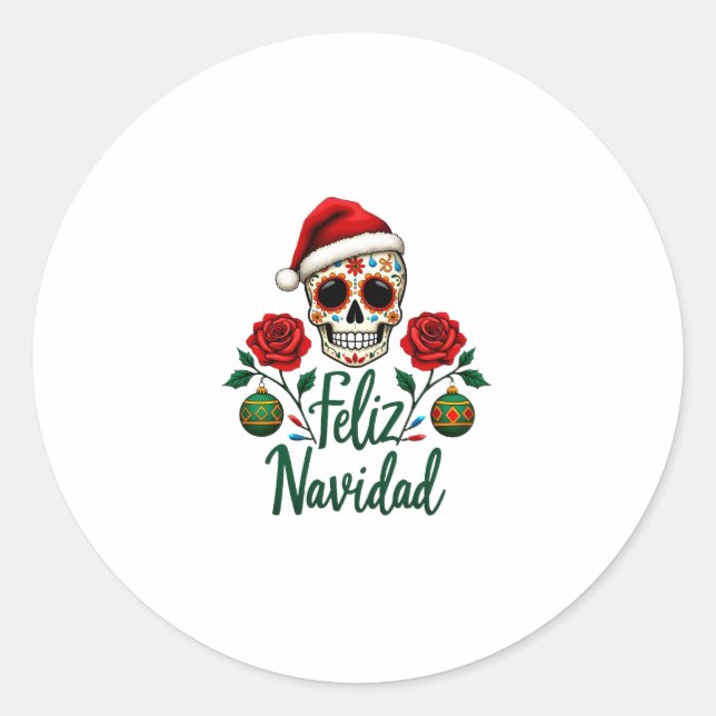 Pegatina Redonda Feliz Navidad Sugar Skull Mexican Christmas T-Shir (Anverso)