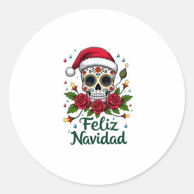 Pegatina Redonda Feliz Navidad Sugar Skull Mexican Christmas T-Shir (Anverso)
