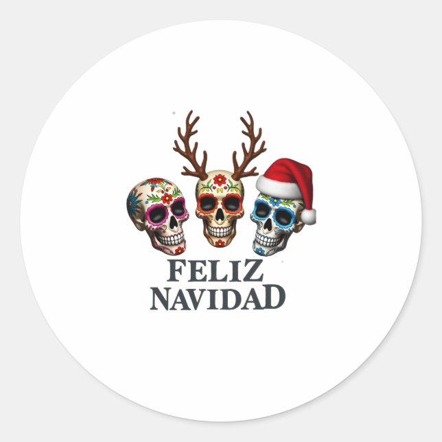 Pegatina Redonda Feliz Navidad Sugar Skulls Reindeer Santa Mexican  (Anverso)