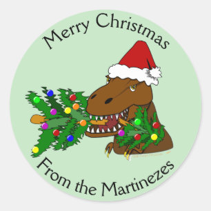 Pegatina Redonda Feliz Navidad T-rex Dinosaurios Pegatinas Tu nombr