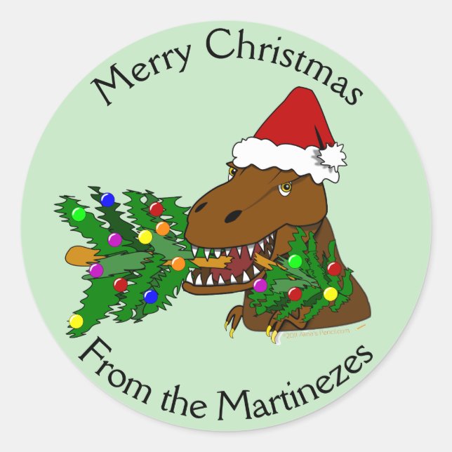 Pegatina Redonda Feliz Navidad T-rex Dinosaurios Pegatinas Tu nombr (Anverso)