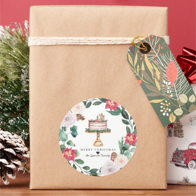 Pegatina Redonda Feliz Navidad | Torta de festividad floral (Vacaciones)