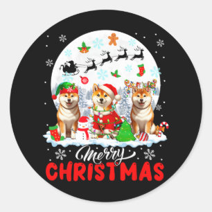 Pegatina Redonda Feliz Navidad tres renos de Santa Elf, Shiba Inu